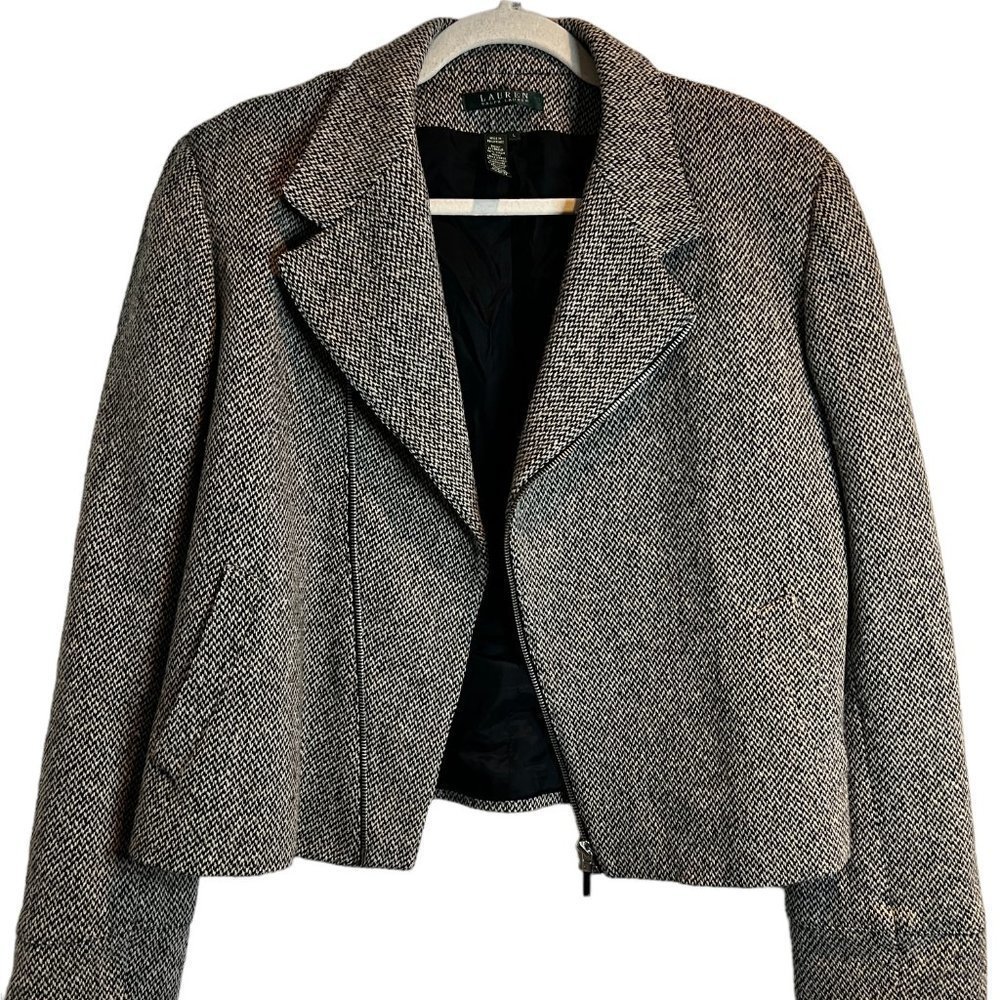 Ralph Lauren Checkered Wool Mini Coat Moto Zip